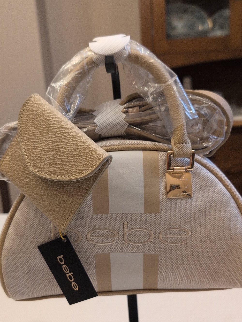 bebe Beige & White Striped Dome Bag with Coin Pouch